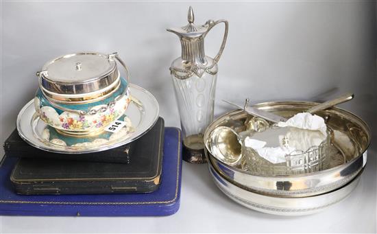 Two Egyptian white metal bowls, a similar waiter and a group of assorted plated wares